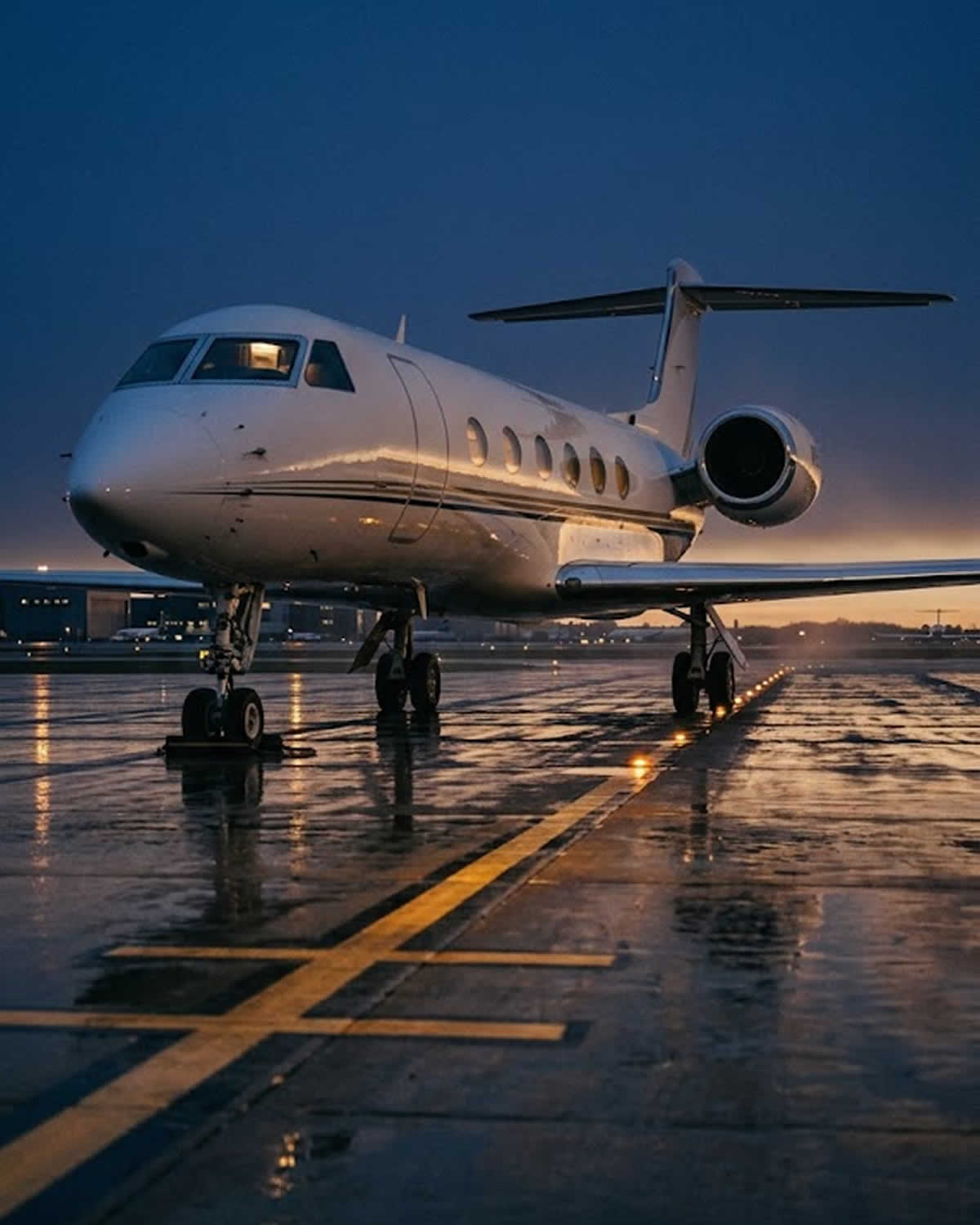 Business jet on the apron at dusk